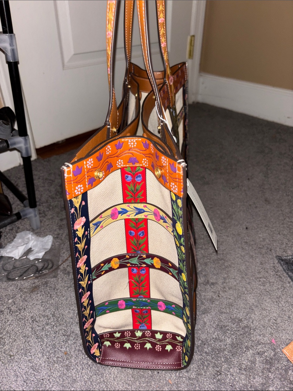 Tory Burch Floral Embroidered Cream Canvas Tote with Brown Trim - Picture 5 of 12